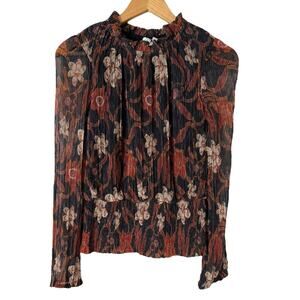Joie Ruffled Crewneck Sheer Long Sleeve Blouse Smocked Dark Floral Print, Medium